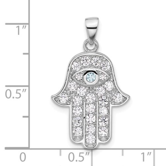 925 Sterling Silver Created White & Blue CZ Hamsa Hand Eye Hand Charm Pendant - Picture 2 of 4